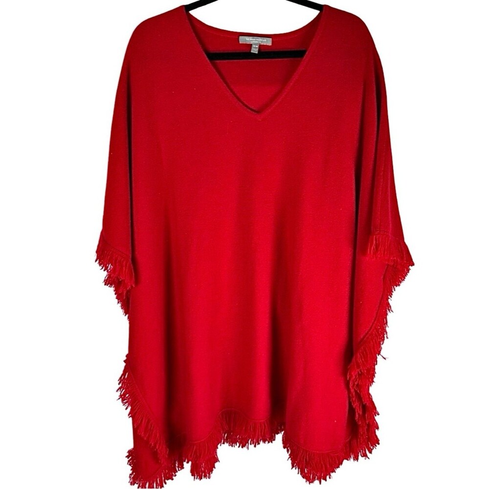 Neiman Marcus Saks 100% Cashmere red fringe blanket poncho sweater medium